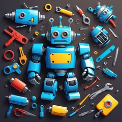 Cartoon vector of colorful broken toy robots scattered on a workshop table, with tools and spare parts around.