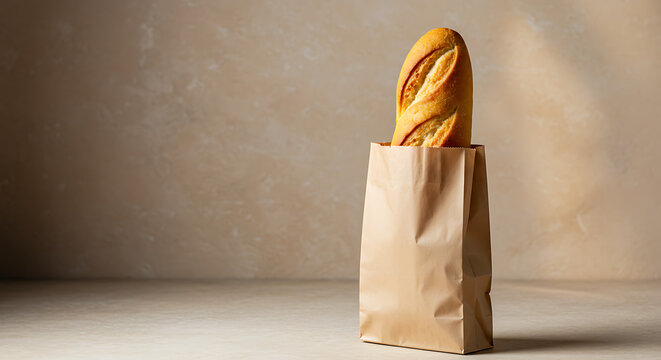 Freshly Baked Baguette in Brown Paper Bag.