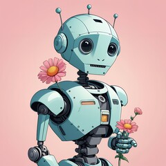 Vector illustration of a broken robot gently holding a single flower, with cracked body parts and a hopeful expression, soft pastel background.