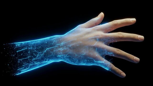 Human hand transforming into digital data. Future technology, artificial intelligence, and cybernetic concept footage.
