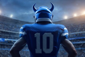 A football player wearing a horned helmet and jersey 10 stands in a stadium his back to the viewer
