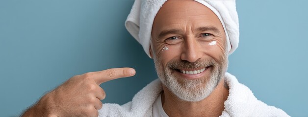 Senior man with towel on head applying cream, showcasing effective skin care routine in a warm, inviting atmosphere focused on self-care and wellness