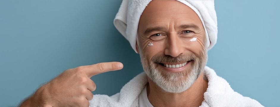 Senior man with towel on head applying cream, showcasing effective skin care routine in a warm, inviting atmosphere focused on self-care and wellness