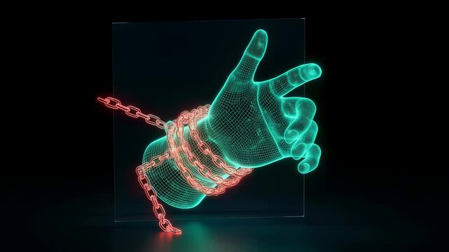 A digital hand holographic projection displayed in light blue is tied with a red chain. Tech slavery and control concept animation. - Powered by Adobe