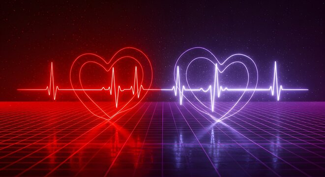 Red and purple neon heart rate monitor pulse on a grid with a dark background and small white stars