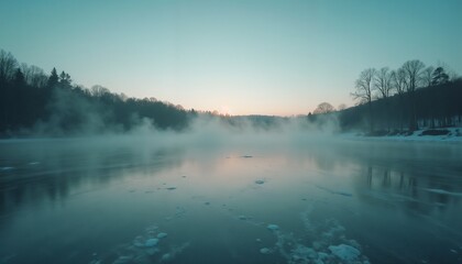 Fototapeta premium Tranquil misty lake at dawn with mirror-like water reflecting trees in cool teal and purple tones with copy space