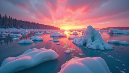 Breathtaking arctic sunset in pink and orange hues representing serenity against frozen water landscape with copy space