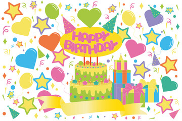 Colorful birthday illustration with a cake, gifts, balloons, and festive decorations, ideal for party invitations and celebrations.