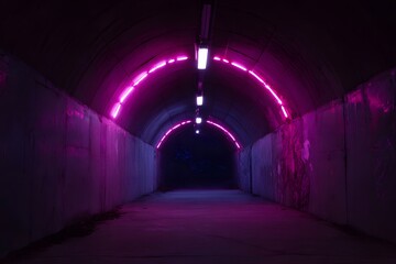 A dark tunnel with purple and pink neon lights creating an abstract background.