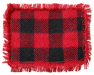 Red black checkered woolen fabric patch with fringe, textured textile square, rustic style, isolated on white, cozy and warm feeling, suitable for crafts or decoration