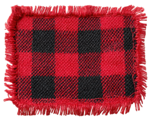 Red black checkered woolen fabric patch with fringe, textured textile square, rustic style, isolated on white, cozy and warm feeling, suitable for crafts or decoration