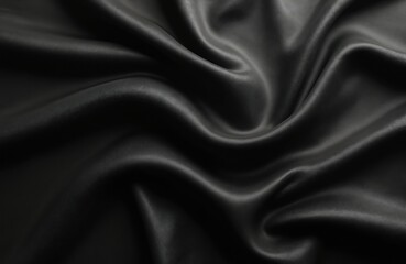 Fototapeta premium Abstract black fabric texture with elegant wavy folds, luxurious satin sheen. Wrinkled textile surface soft, smooth material with rich, deep shadows, subtle light reflections. Modern fashion design