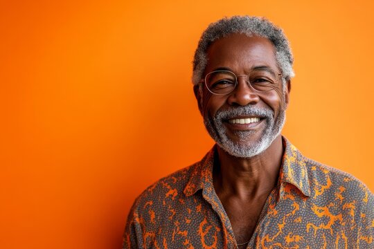 Happy senior Black African American man smiling against an orange background, illustrating positive aging with confidence and vitality, Generative AI