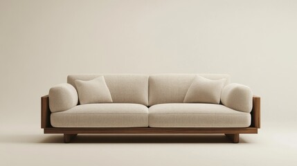 Fototapeta premium Beige sofa with wooden accents, minimalist style