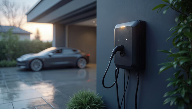 Modern electric vehicle charging station installed in home garage. Features sleek charging unit connected to electric car, sustainable living, green energy adoption, future transportation.