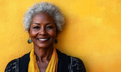 Smiling mature Black African American woman in front of beach huts on a sunny summer day, symbolizing vitality and positive aging, Generative AI