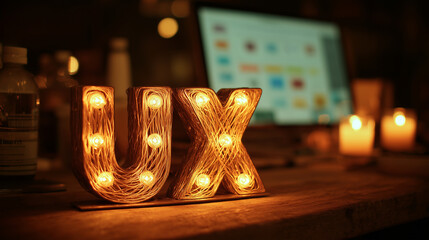 glowing ux letters made of illuminated wire on designer desk — creative concept image for use in user experience design blogs, digital agency websites, app development presentations, or tech startup 