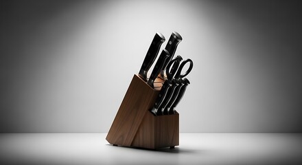 A modern set of professional chef knives and scissors in an elegant wooden block, highlighted under a spotlight.