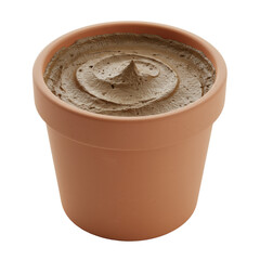 Round unglazed earthenware pot filled with thick, viscous, earthy brown paint with gritty 'mud effect' texture, on an immaculate transparent background, professional product photography concept
