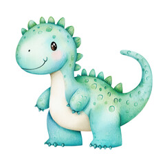Naklejka premium Cute Cartoon Dinosaur: A charming illustration of a friendly, blue and green dinosaur, radiating warmth and innocence, ideal for children's designs.