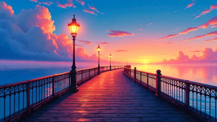 Fototapeta premium Sunset on a wooden bridge facing directly to the sea