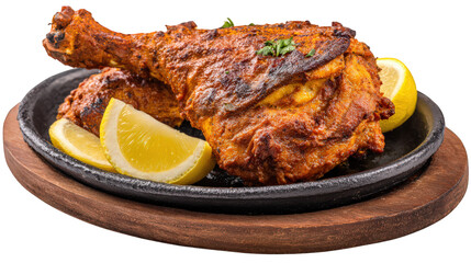 Grilled chicken leg, tandoori style, served on hot sizzling plate with lemon wedges, garnished with fresh herbs, spicy and aromatic, perfect for Indian cuisine lovers
