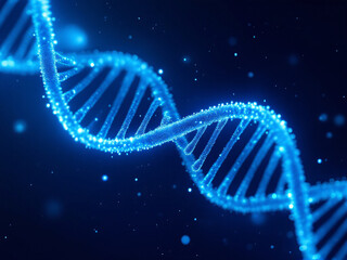 Glowing blue DNA double helix in futuristic digital space, vibrant and luminous.