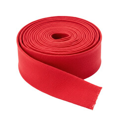 A neatly coiled vibrant red cotton single-fold bias tape on a transparent seamless background, captured with a macro lens and diffused lighting, concept for textile product advertising