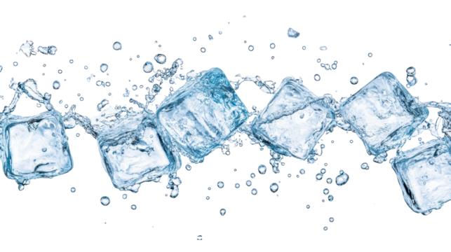 Dynamic Ice Cubes: A refreshing cascade of ice cubes suspended mid-air, showcasing their crystalline structure and the refreshing essence of coolness in a photorealistic style.