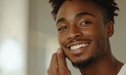 Young Black man applying anti-aging moisturizer lotion for skincare and dryness, smiling in the mirror, with copy space for personal care content, Generative AI