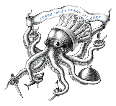 octopus chef engraving, holding food, banner clip art preview