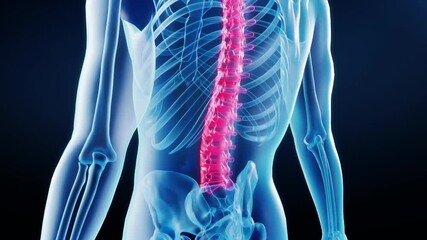 Sciatica, sciatica caused by herniated disc, obstruction of nerve conduction in the lower limbs, aggravated pain in the legs and lower back, spine highlight display, X-ray, 3D animation.
