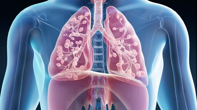 Pneumonia recovery, sick lungs turning into healthy lungs, alveoli facilitate breathing and oxygenation, smoker's lung disease, respiratory system, bronchial, asthma infection recovery, 3d animation. - Powered by Adobe