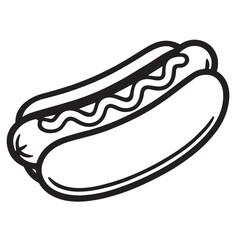 A black and white vector illustration of a classic hotdog with thick black outlines, perfect for fast food menus, logo designs, or vintage snack artwork.

