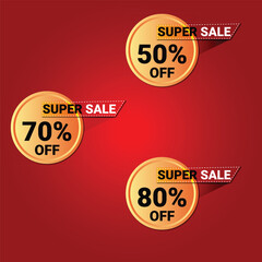 Super Sale Discount Badges Vector – 50%, 70%, 80% Off Round Labels on Red Background.