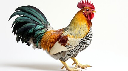 Fototapeta premium Colorful rooster, side view, against white