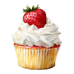 Deliciously frosted cupcake topped with a fresh ripe strawberry isolated on transparent background