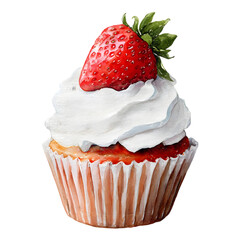 Delicious vanilla cupcake topped with fluffy white frosting and fresh red strawberry isolated on transparent background