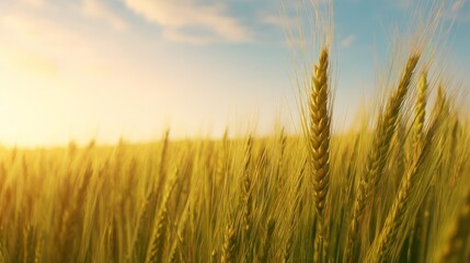 Naklejka premium Positive Impact of Carbon Neutral Goals on Global Sustainability, Golden wheat field under a bright sky, symbolizing growth and harvest.