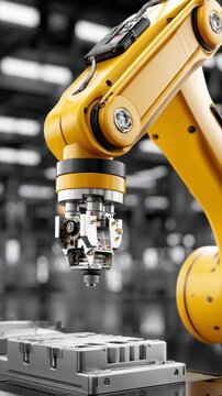 Industrial robotic arm with metal gripper performing precise automation tasks metal parts and molds factory environment