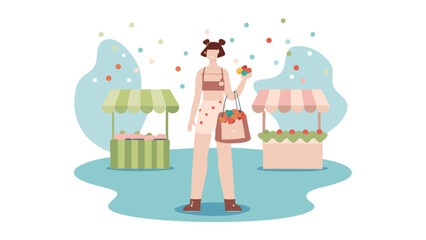 Woman with shopping bag at outdoor market with stalls and colorful confetti background design