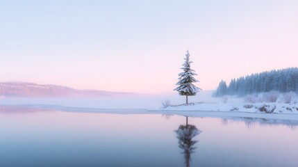 A tranquil frozen lake reflecting a snow-covered pine tree under soft morning light