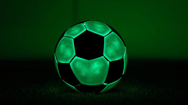 A soccer ball dramatically flying into a glowing green goal net at night.