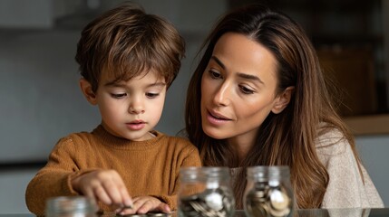female investor builds wealth through smart financial strategies. A mother and son engage in a thoughtful activity, sorting coins in jars