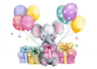 Adorable Baby Elephant with Balloons and Gifts Watercolor Illustration