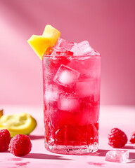 Pink drink sparkles, featuring melon garnish and ice. Use for refreshing product photography, beverage branding, poster design.