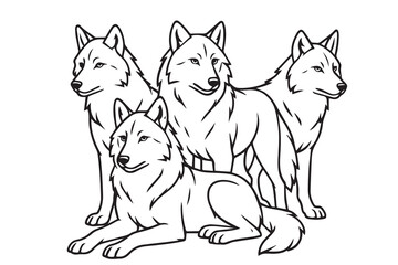 A black and white vector of a wolf pack, outlined in bold black lines, showcasing strength, wilderness, and unity in a dramatic and powerful graphic style.

