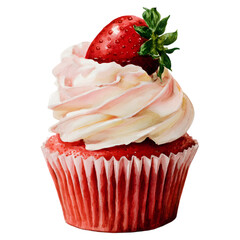 Delicious red velvet cupcake topped with creamy swirl frosting and fresh strawberry garnish isolated on transparent background