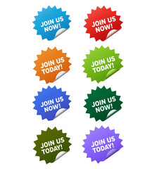Assortment of join us now and join us today starbursts isolated on transparent background