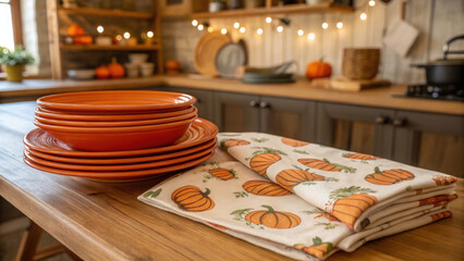 Stack of orange plates beside pumpkin themed napkin in cozy kitchen setting. warm ambiance is enhanced by decorative pumpkins and soft lighting, creating welcoming atmosphere